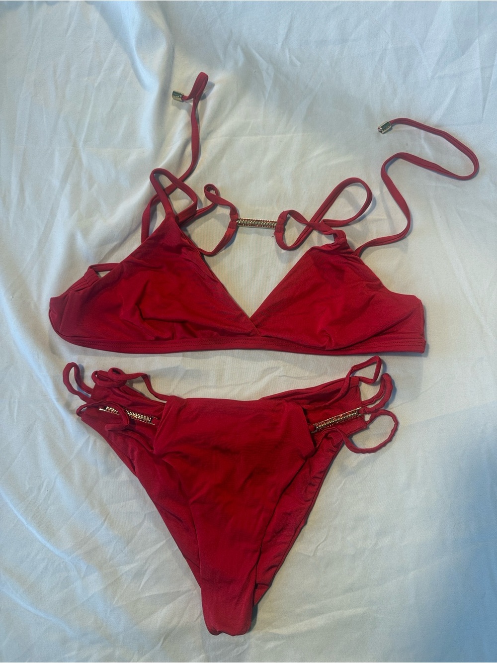 Beach Bunny Red Rhinestone Bikini Set M/L Triple Strap NWOT